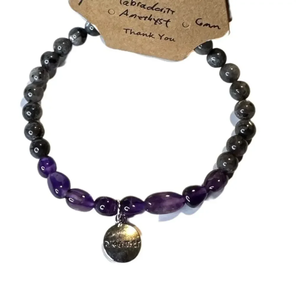 Labradorite Amethyst stretch bracelet Dreamer charm beads gemstone 7 inch